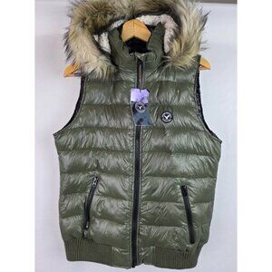 American Eagle Womens Puffer Vest Size Large Green Down Faux Fur Hood Jacket